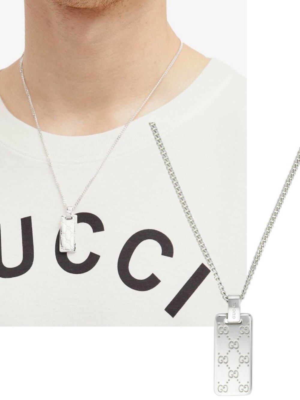 GUCCI NECKLACE MENS SIGNATURE GG LOGO DOG TAG STERLING SILVER